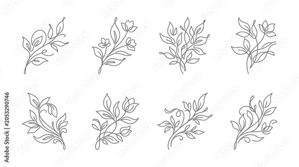 Fototapeta premium Elegant Floral Line Art Elements: Botanical Branches, Leaves and Flowers