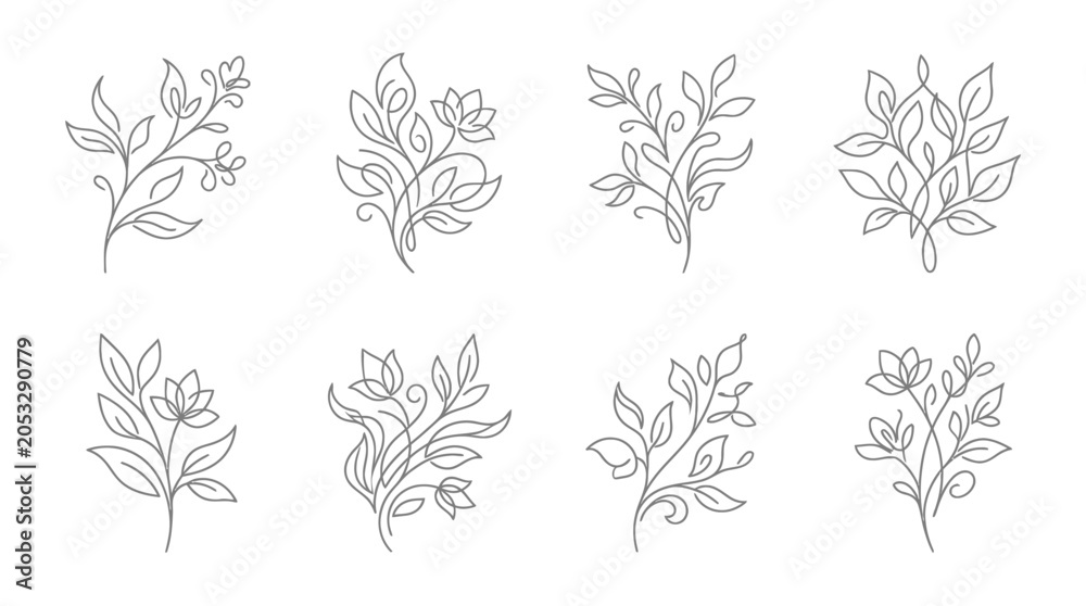 Fototapeta premium Elegant Floral Line Art Illustrations - Delicate Botanical Branch Designs