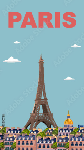 Vintage Style Paris Travel Poster with Eiffel Tower and Cityscape