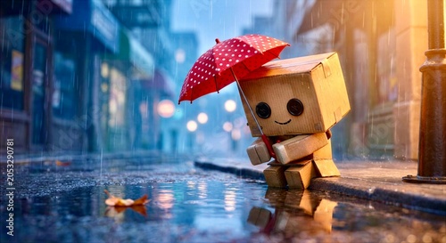 Cute Cardboard Box Character Holding Red Umbrella in Rain