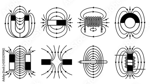 Εκτύπωση καμβά Magnetic Field Lines Illustrations: Bar, Horseshoe, Solenoid, Toroid Magnets