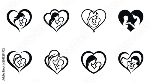 Fotografija Mother and Child Heart Silhouettes - Love, Family, Care, Nurturing Icons