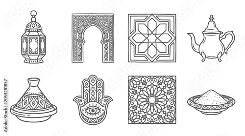 Moroccan Icons: Lantern, Arch, Mosaic, Tagine, Hamsa, Teapot, Spice Dish