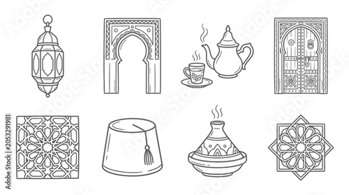 Foto Moroccan Icons: Lantern, Arch, Tea, Tajine, Fez Hat, Patterns