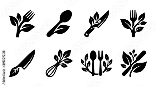 Tableau sur toile Healthy Food Icons: Fork, Spoon, Knife with Leaves - Organic Eating Symbols