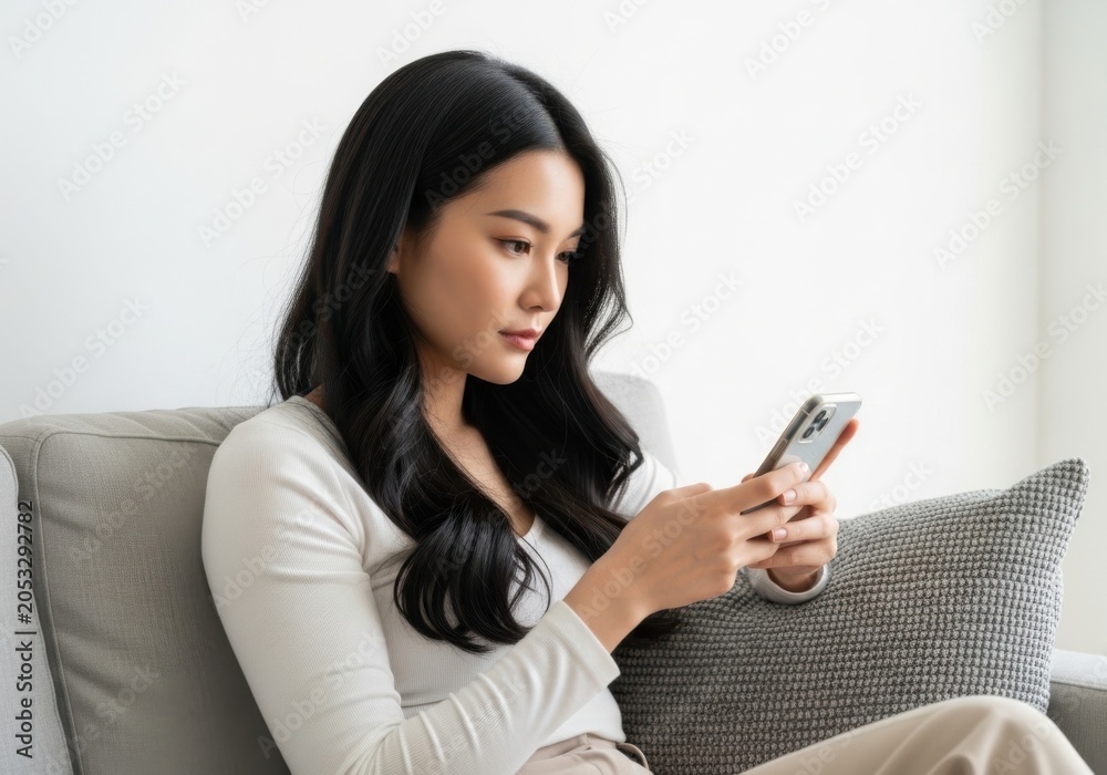 Naklejka premium Woman using smartphone while holding shopping bag indoors