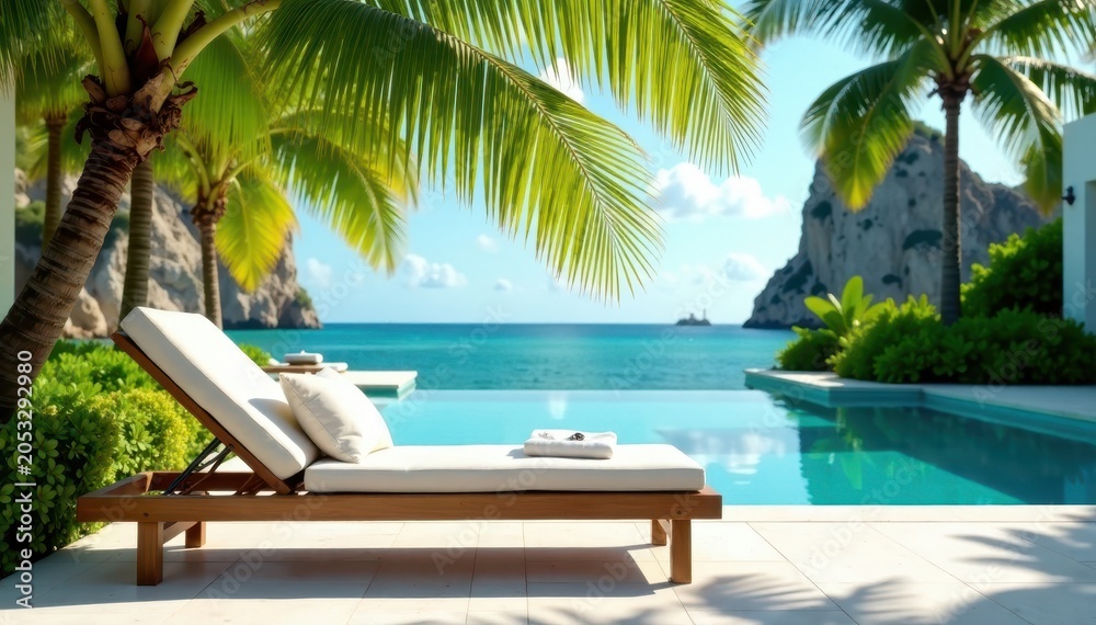 Obraz premium A stylish sun lounger is positioned under a sprawling palm frond amidst a picturesque poolside oasis, luxury, poolside, palm tree