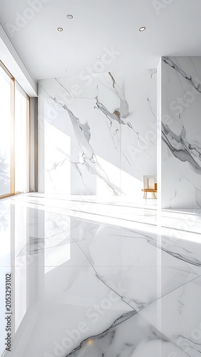 A bright modern room with white marble walls and floor