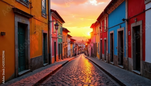 Cobblestone streets and colorful buildings of historic Pelourinho district at sunset, pelourinho, brazilian culture, colorful buildings