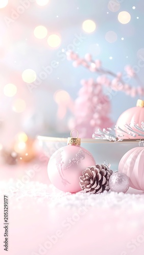 A close-up of pink Christmas ornaments on a snowy surface