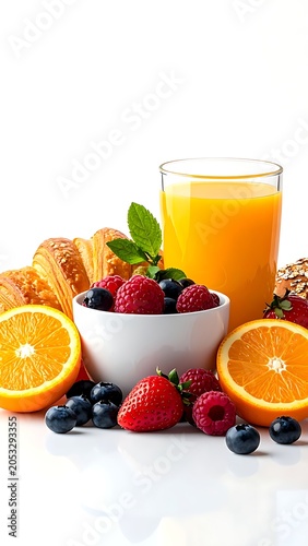 A glass of orange juice surrounded by fruits and pastries on a white surface