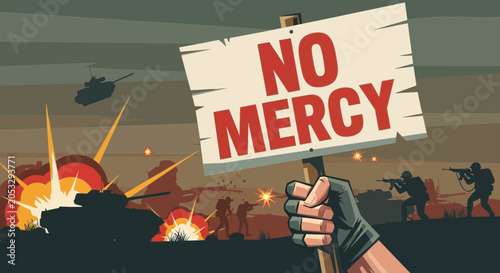Schilderij op canvas No Mercy Sign in War Zone with Tanks and Soldiers