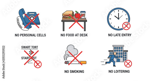 Photos Office Rules and Regulations Icons: No Smoking, No Food, No Personal Calls