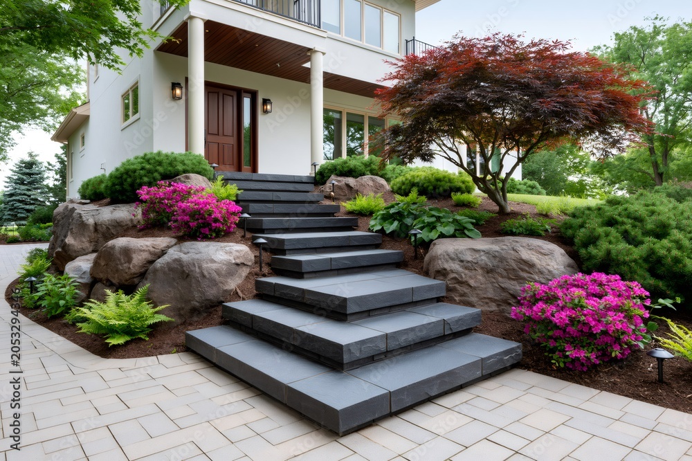 Fototapeta premium Modern house entrance, dark stone stairs, lush landscaping