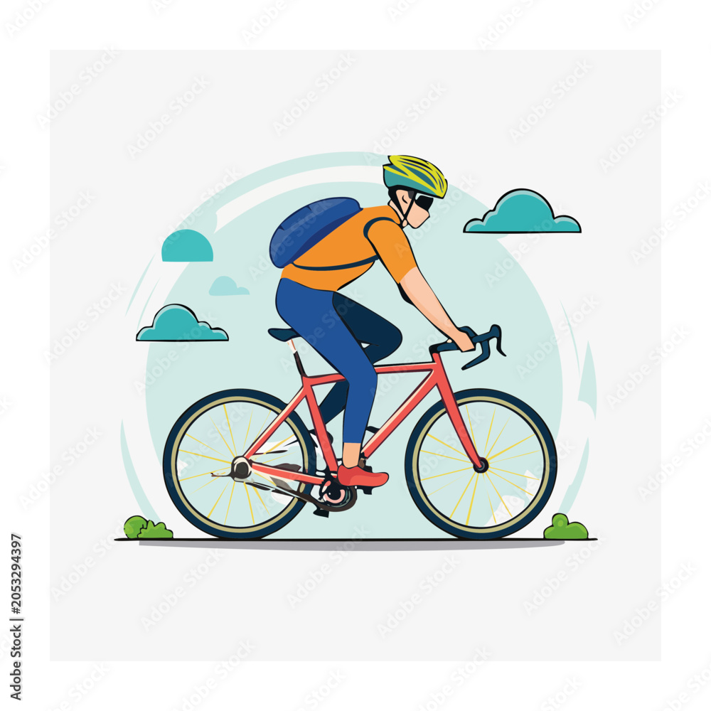Naklejka premium Man riding a bicycle with a backpack and helmet