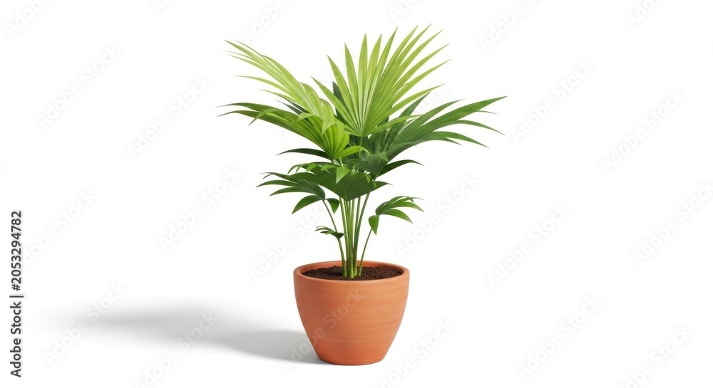 Fototapeta premium A small potted plant with vibrant green leaves in a terracotta pot on a white background