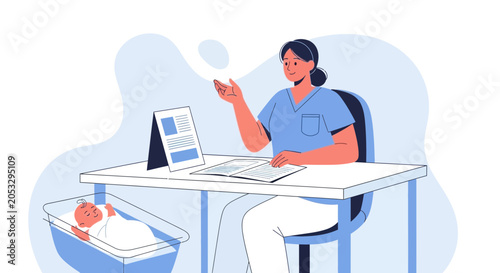 Nurse consulting on baby health, medical care, pediatrician desk.