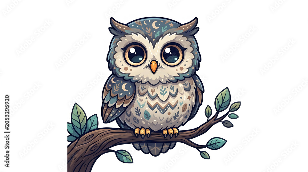 Fototapeta premium A cute cartoon vector illustration of a wise brown owl with big eyes sitting on a tree branch in the wild nature at night