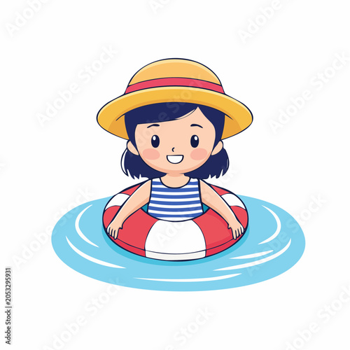 Cute Cartoon Girl Swimming with Inflatable Ring