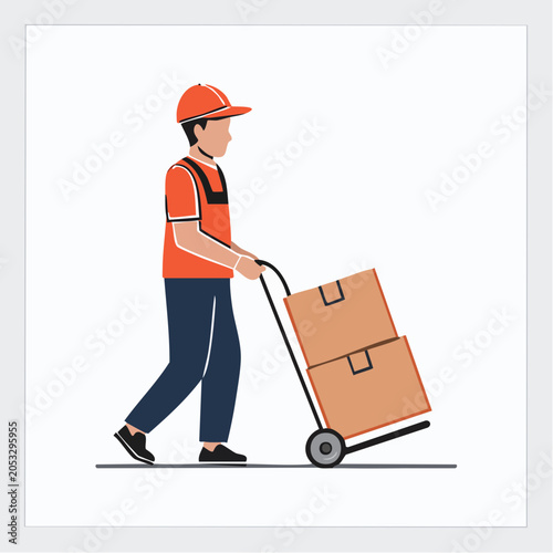 Delivery person pushing a hand truck with boxes