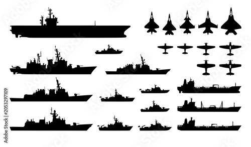 Bild auf Leinwand Military Naval Fleet and Fighter Jet Silhouette Collection with Aircraft Carrier