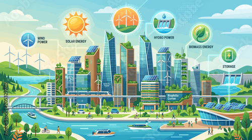Smart eco city with renewable energy solutions and sustainable urban development illustration