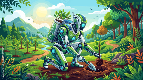 Friendly eco robot gardening in a sustainable green landscape with renewable energy concept