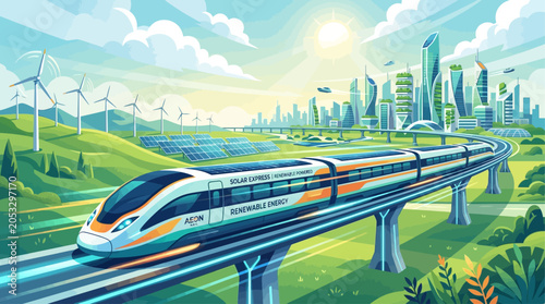 High speed green train traveling through a sustainable smart city transportation network