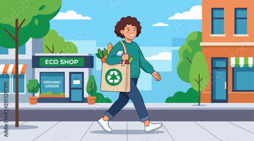 Recycling volunteer carrying reusable bag with eco friendly sustainability and green living concept