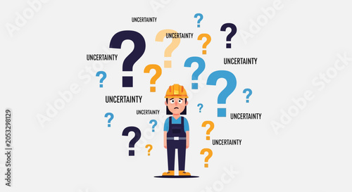 Bild auf Leinwand Worker with Hard Hat Surrounded by Question Marks and Uncertainty Text