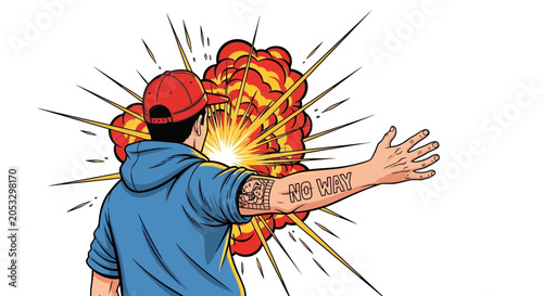Картината върху платно Young man with tattoo recoils from explosion, comic book style