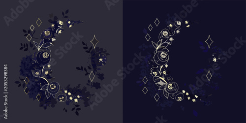 Картината върху платно Floral ornament with crescent moon gold line art on dark background