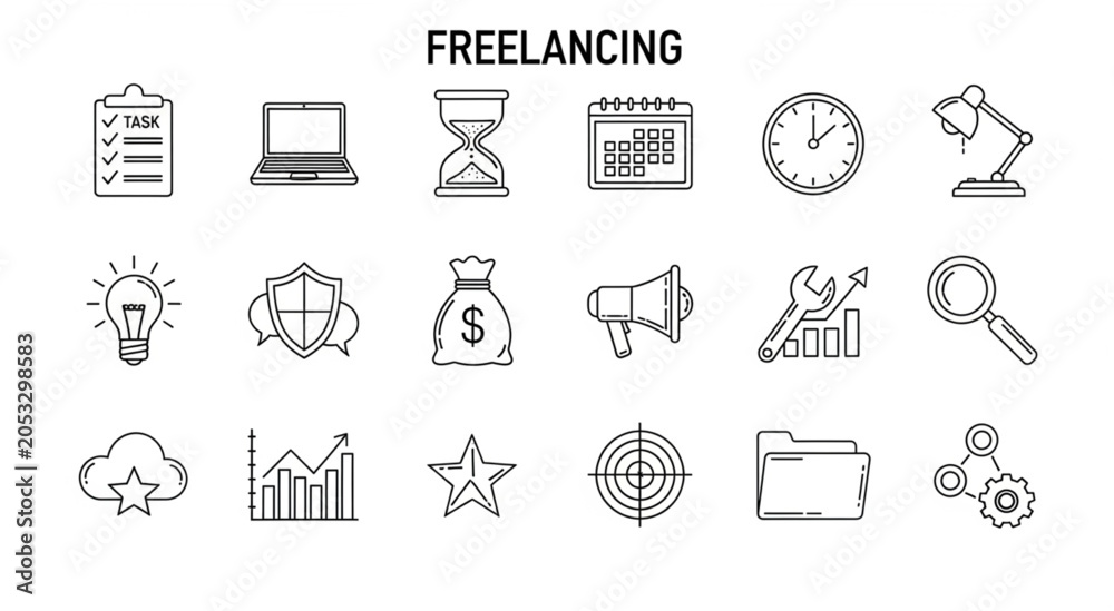 Fototapeta premium Freelancing icons on a white background with various symbols