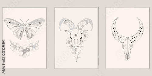 Canvastavla Boho Triptych Featuring Moth Ram And Skull Illustrations On Beige Background