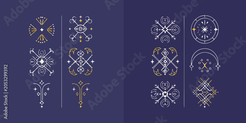 Foto Zodiac Symbols And Botanical Elements Golden Line Art Illustration