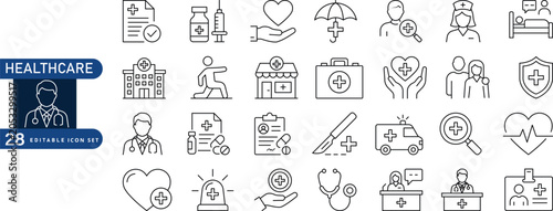 Collection of twenty eight hand drawn medical and healthcare icons featuring doctors hospitals ambulances and health symbols in a simple sketch style Vector, illustration