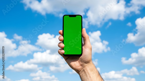 Hand holding green screen smartphone against blue sky