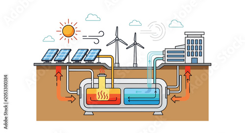 A schematic vector illustration shows renewable energy sources like solar and wind power integrated into a building with an underground thermal storage system on plain background.