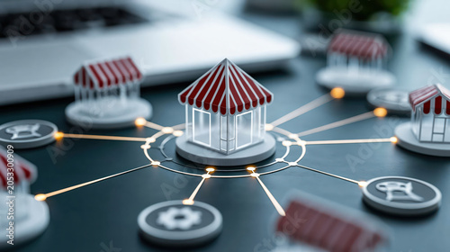 Business network concept franchise store model connected shop icon retail branch network small business growth market expansion plan business