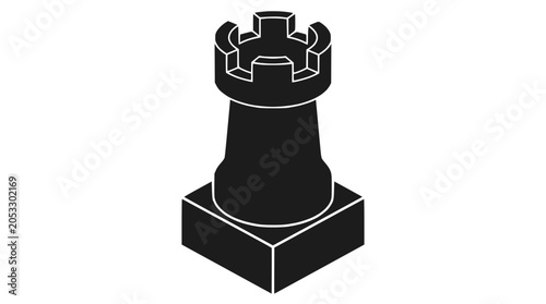 Black isometric rook chess piece on black background