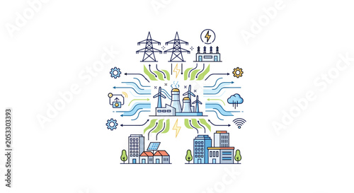 An industrial power plant icon is surrounded by swirling connectivity lines, electrical transmission towers, and city buildings in a flat, outlined illustration on white.