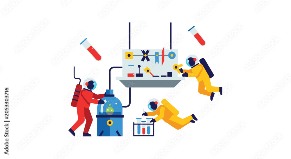 Naklejka premium Three astronauts in vibrant spacesuits performing scientific experiments with lab equipment and test tubes in a floating zero gravity laboratory environment on a clean white backgr