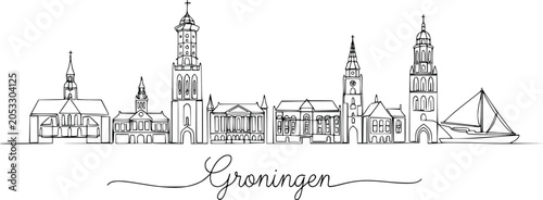 Quadro su tela Groningen Netherlands Skyline Continuous One Line Drawing Vector Illustration, H