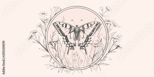 Foto Butterfly Floral Emblem A Delicate Vector Illustration On Beige Background