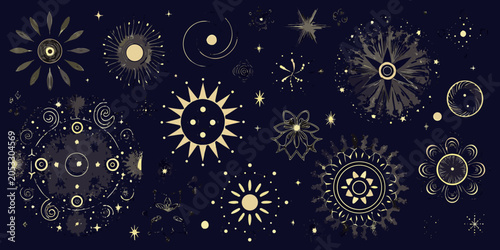 Foto Celestial Symbols And Floral Ornaments Dark Background Vector Illustration