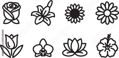 Fotografie Set of eight simple black and white flower icons