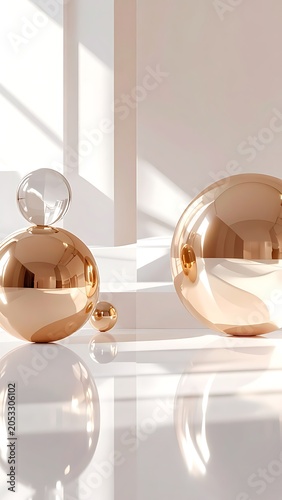 A close-up view of reflective gold and clear glass orbs on a white surface