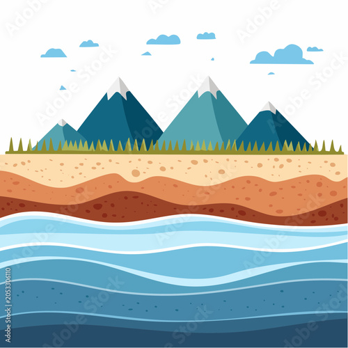 Cross-section of Earth layers with mountains and water