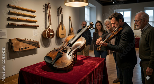 Exhibition of unique stringed and mechanical musical instruments with visitors observing