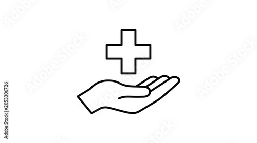 Minimalist black outline icon showing a medical cross symbol held inside an open human hand